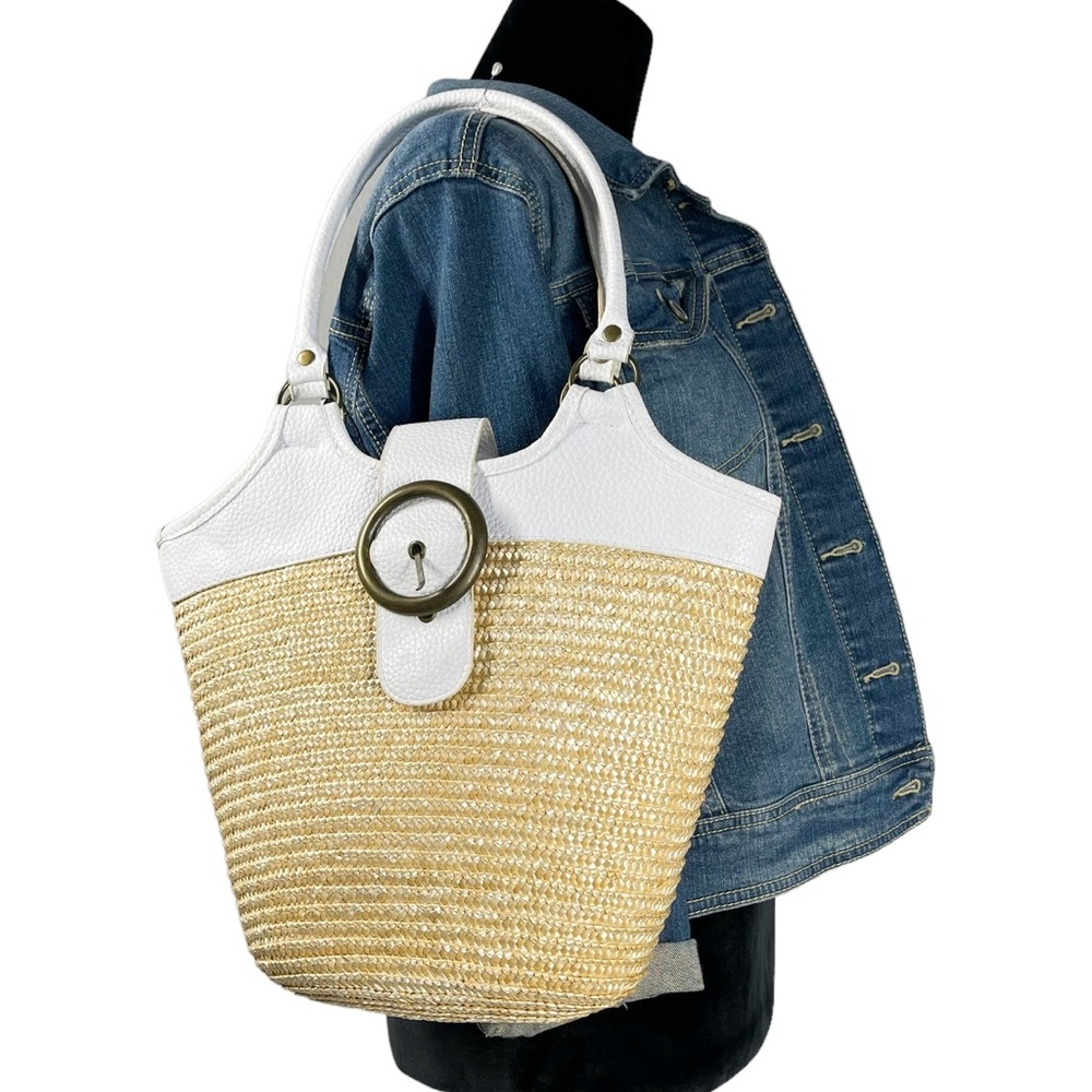 Axiz Raffia and White Pebble Leather Faux Buckle Satchel Handbag